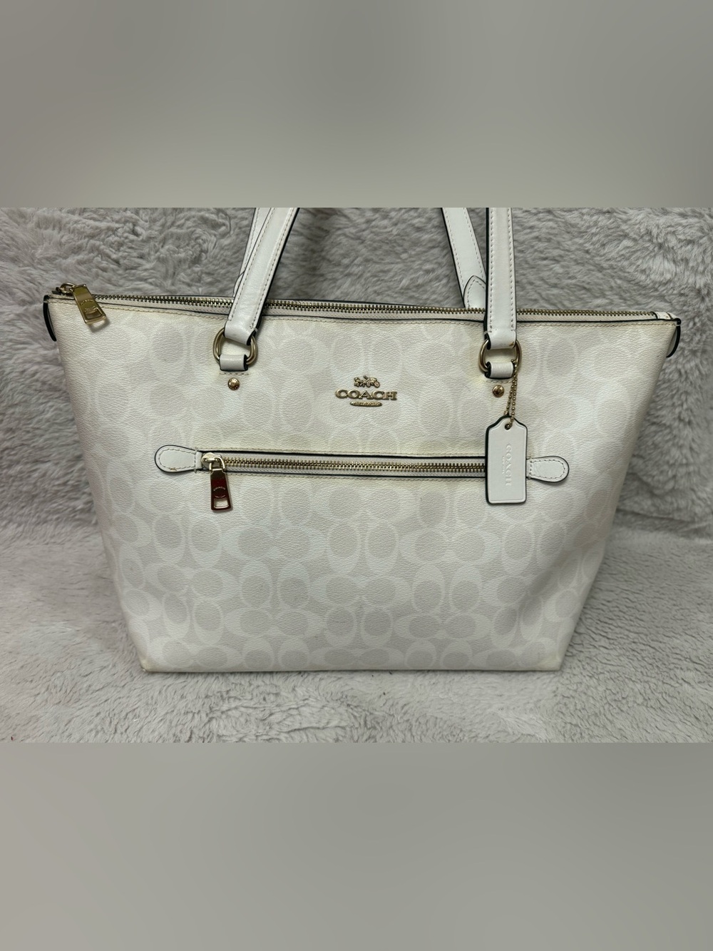 Coach White Gallery Signature Canvas Tote with Gold-Tone Hardware